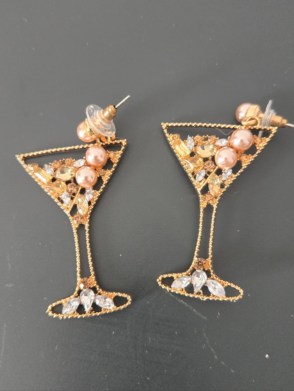 Gold Martini Glass Drop Earrings with Faux Pearls And Gems